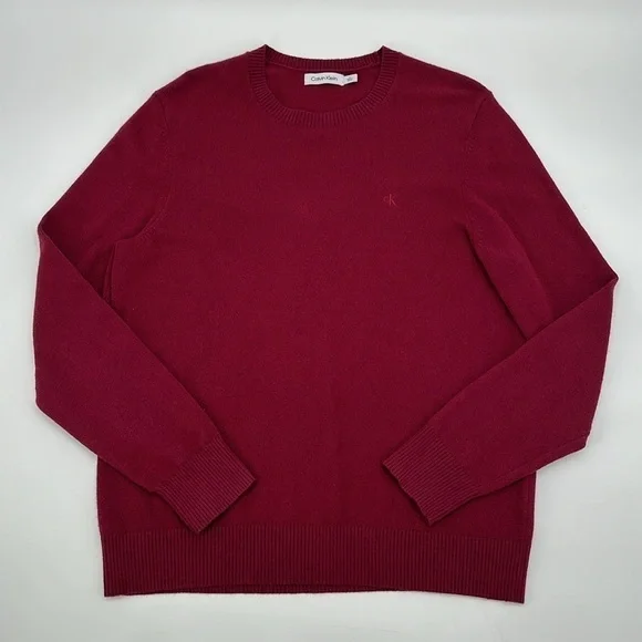 Calvin Klein CK Logo Wool blend Crewneck Classic Holiday Knit Sweater Wine sze M - Picture 4 of 10